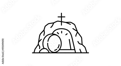 Easter tomb with stone rolled away and cross on top symbolizing resurrection and hope