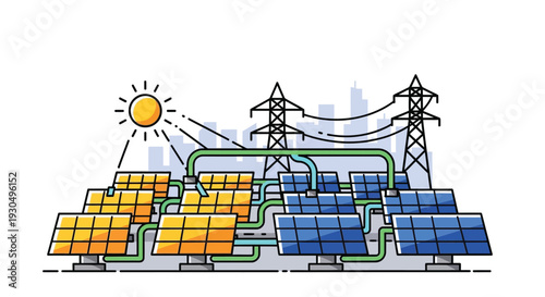 Solar panels generating renewable energy with transmission towers and cityscape background illustration