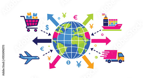Global trade and commerce illustration showing transportation and currency worldwide