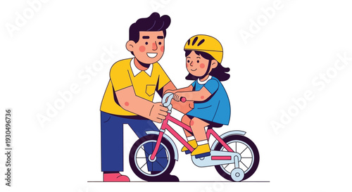 Father teaching his young daughter to ride a bicycle with a smile