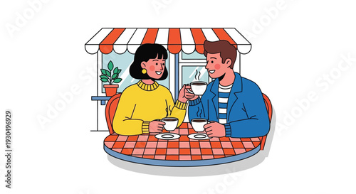Happy couple enjoying coffee together at a cozy outdoor cafe setting socializing