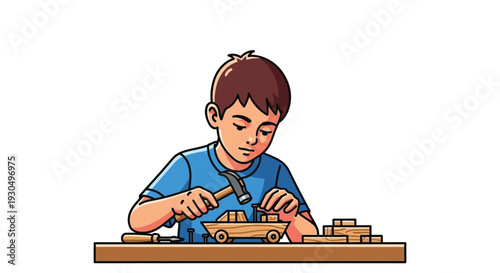 Young boy building a wooden toy car with a hammer on a workbench