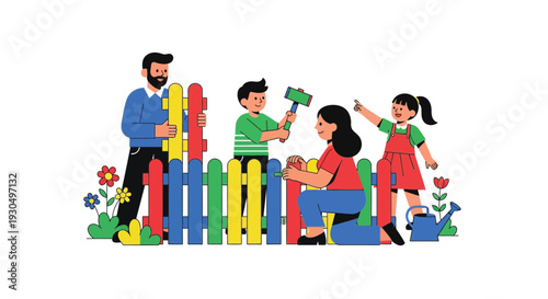 Family working together to build a colorful wooden picket fence in a garden