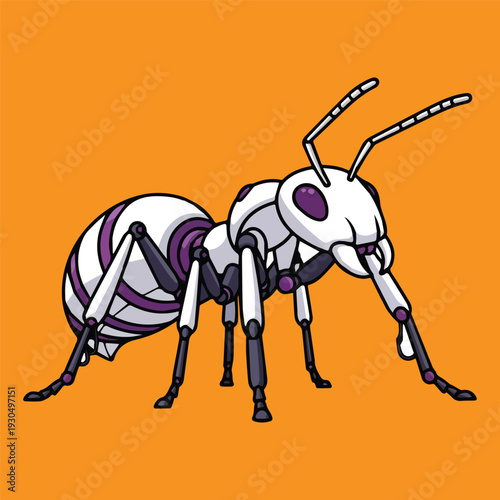 An illustrated ant with black and purple stripes on a bright orange background, showcasing intricate details of its segmented body and antennae