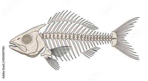 A precise vector illustration depicting a complete fish skeleton, ideal for scientific laboratory diagrams, educational biology studies, and veterinary anatomy lessons