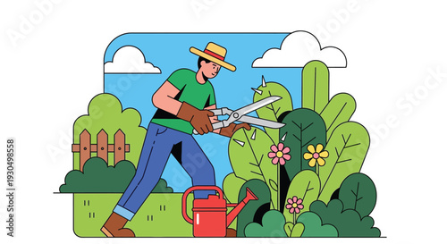 Gardener trimming plants and cacti with scissors in a lush green garden