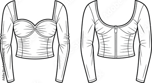 weetheart neckline crop top sketch, ruched bust detailing, balloon sleeves design, front and back fashion illustration, stylish women’s apparel template