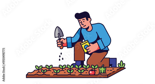 Man gardening with a trowel and seed packet in a vegetable garden bed