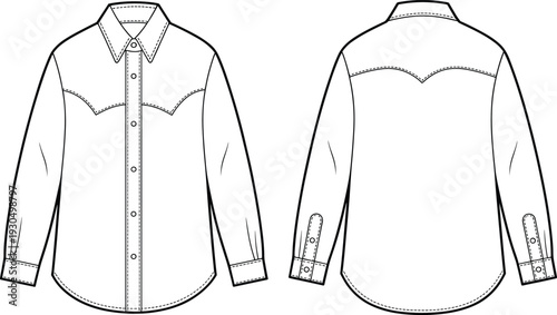 Western shirt fashion template, front and back technical sketch, pointed collar, yoke detail, garment design, long sleeve, button cuffs