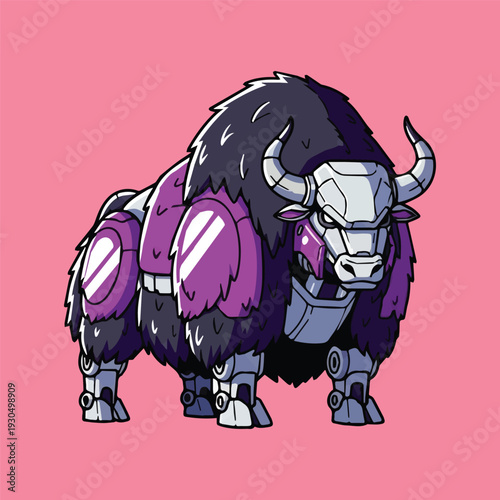 A unique illustration of a robotic bull with purple accents and metallic plating, standing against a plain pink background