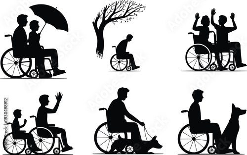 Wheelchair users enjoying companionship and assistance, including service dogs, outdoor activities, and emotional support, promoting accessibility, inclusion, and disability awareness.