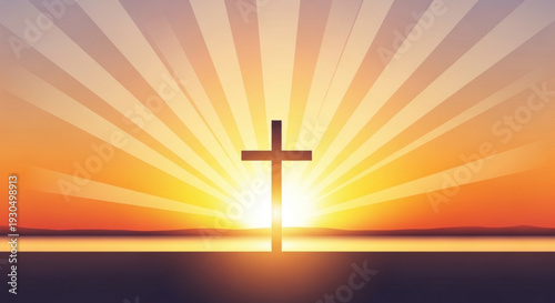 Silhouette of a cross at sunrise with radiant beams of light in the background symbolizing hope and spirituality in a serene landscape