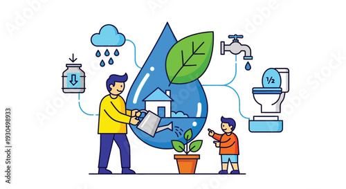 People conserving water with rainwater harvesting and efficient toilet usage in daily life