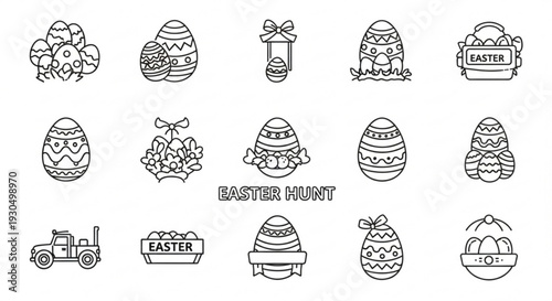 Easter eggs and decorations with tractor and basket easter hunt