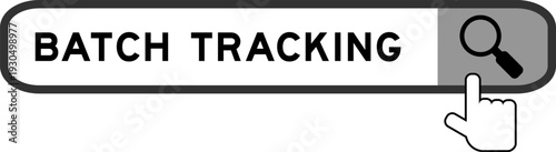 Search banner in word batch tracking with hand over magnifier icon on white background
