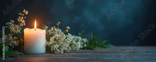Burning candle and white flowers on dark background create solemn mood. Peaceful scene for memorial, sympathy or remembrance themes. Soft light and bokeh blur add depth.