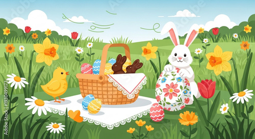 Easter bunny and chick with basket of eggs on white doily in colorful spring flowers field