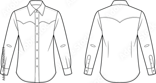 Western shirt technical illustration, front and back view, long sleeve design, pointed collar, garment sketch, fashion template, sewing layout