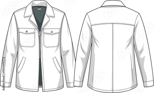 White jacket fashion sketch, front and back views, chest pocket detail, zipper closure, seam lines, apparel drawing, outerwear, garment design