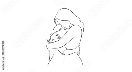 Mother holding and hugging her newborn baby line art illustration of woman embracing infant minimalist drawing of parent and child