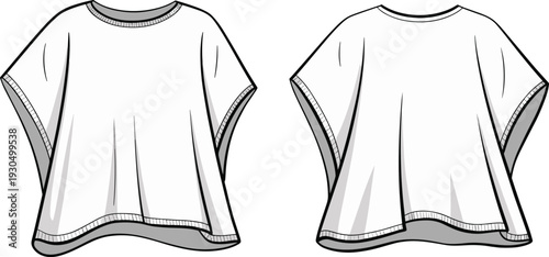 White poncho style top, loose fit casual wear, front and back view, comfortable fashion illustration, garment sketch, apparel design template, trendy