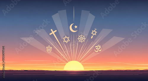 Diverse religious symbols at sunrise representing unity and spirituality in a serene landscape
