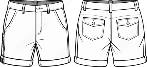 White rolled-up shorts with button pockets, front and back view, casual summer wear, women’s fashion, belt loops, stylish and comfortable design.