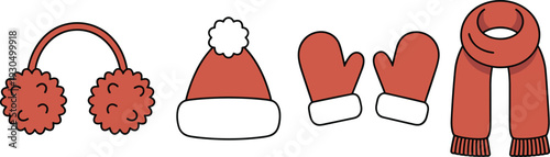 Winter accessories cartoon set, earmuffs, hat, mittens, scarf, red and white, seasonal clothing, warm wear, cute, cold weather