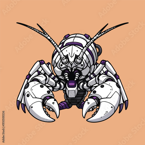 Dynamic illustration of a sophisticated robotic crustacean, featuring detailed mechanical components and a powerful, futuristic design