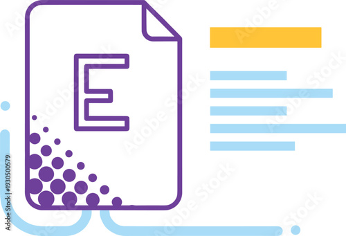 Digital document icon, stylized E file, abstract data flow, modern interface, tech visualization, purple outline, connectivity, infographic element, electronic record, futuristic design