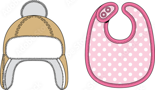 Winter hat and baby bib, warm clothing, infant accessory, seasonal textile design, cad drawing flat vector illustration, cozy fashion elements
