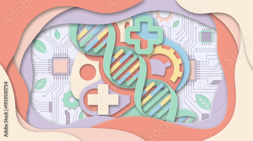 Vibrant Paper Cut Illustration Showcasing the Integration of Genetic Science, Medical Innovation, and Modern Technology Concepts