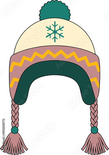 Winter hat with ear flaps, pom-pom, snowflake design, braided tassels, cozy knitwear, colorful accessory, seasonal fashion, cold weather gear
