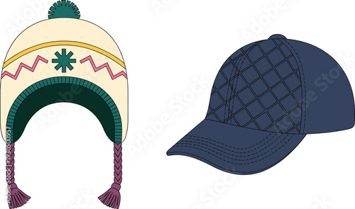 Winter hat with ear flaps, pom-pom, snowflake pattern, braided tassels, quilted baseball cap, seasonal fashion, cozy, casual, contrast, headwear