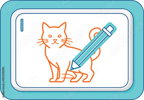 Digital drawing tablet, cat sketch, stylus illustration, orange line art, teal pencil icon, creative design, modern art tool, vector interface