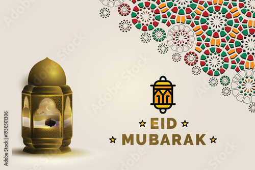 Minimalist Eid Mubarak greeting design with lantern icon and colorful Islamic floral patterns.