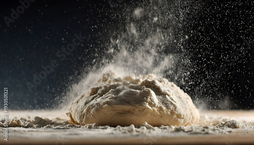 Cinematic moving shot of leavened dough isolated on black background with falling flour in super slow motion, 1000 fps. Dynamic baking concept, artisan bread preparation and texture detail.