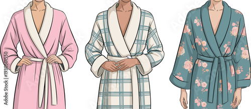 Women's bathrobes in pink, plaid, and floral prints, cozy loungewear fashion, soft robe design, homewear style, sleepwear collection.