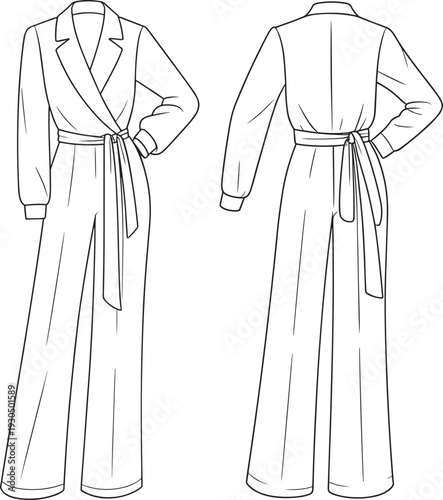 Women’s wrap jumpsuit flat sketch, fashion technical drawing, elegant wide leg design with belt, front and back view illustration, CAD