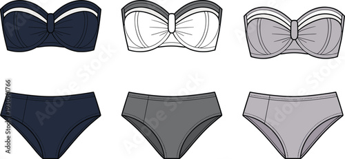 Women's bikini swimwear, strapless bandeau top, knot detail, matching bottom, navy, white, gray, fashion design, cad drawing, flat vector illustration