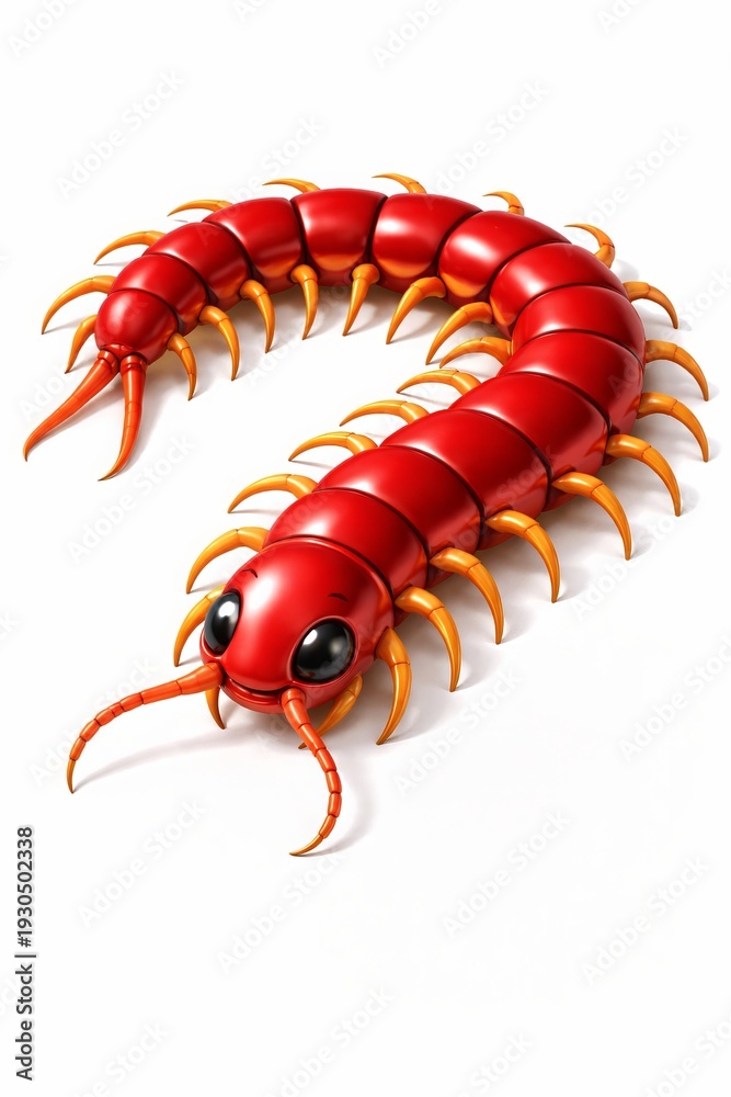 Fototapeta premium A bright red centipede in semi-realistic 3D with segmented body and multiple curved legs. With glossy surface highlights, smooth gradient shading, and realistic body curvature