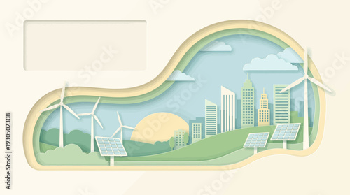 Layered paper art illustration of a vibrant eco-friendly city powered by clean renewable energy, featuring wind turbines and solar panels integrated into a green landscape