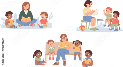 Diverse children reading books with teachers in classroom, group storytime, early childhood education, learning, fun, literacy, interaction, daycare, preschool, reading activity, kids bonding