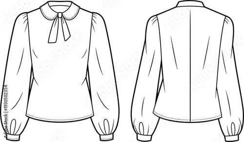Women's blouse sketch with long sleeves, flat fashion illustration, back and front view, sewing pattern, modern apparel design template