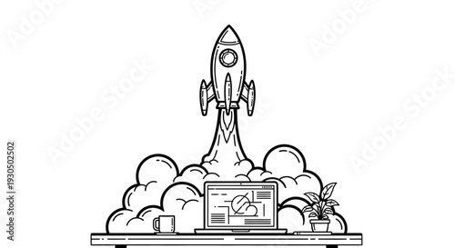 Powerful Rocket Launch with Smoke Trails Over a Desk with Laptop Displaying Graph Coffee and Plant, Symbolizing Explosive Business Growth and Data Analytics on Isolated White Background