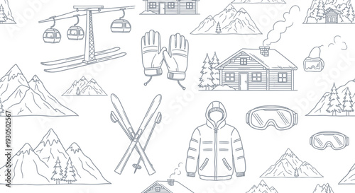 Winter sports and mountain resort line icons including ski lift, chalet, skis, and goggles on isolated white background