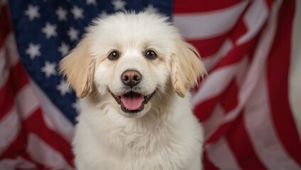 Charming dog with American Flag. Indoor closeup. Studio image. Celebrations for family, friends, and colleagues. Pet care theme