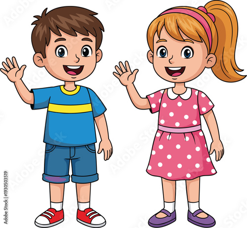 Happy cartoon boy and girl waving, smiling kids characters, cheerful children illustration, friendly kids, joyful childhood moments, cute siblings waving.