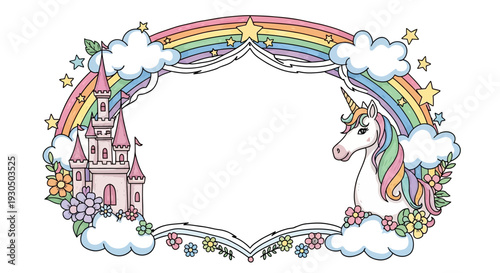 Whimsical illustration of a unicorn and castle in a rainbow frame with clouds and flowers surrounding them beautifully