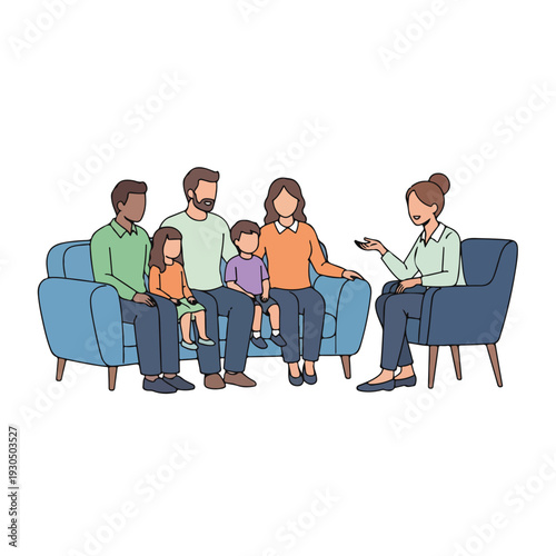 Family therapy session with kids and parents